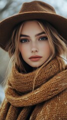 Wall Mural - Beautiful young woman with hat and scarf in natural light