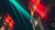 © Tamim - A precise architectural color photograph featuring vibrant light leaks on a dark blurred background.  Sharp lines, detailed structures, wide angles, detailed focus, modern design, ethereal theme