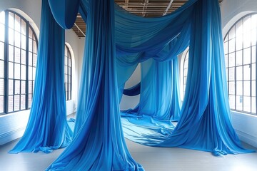 Poster - A blue curtain hanging art installation.