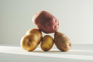 Poster - Four potatoes of different colors and shapes arranged in a triangular formation.
