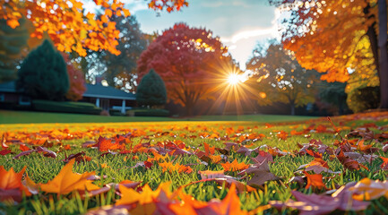 Poster - A natural autumn landscape showing a well-maintained residential lawn surrounded by trees with vibrant fall leaves in shades of red, orange, and yellow gently falling to the ground.