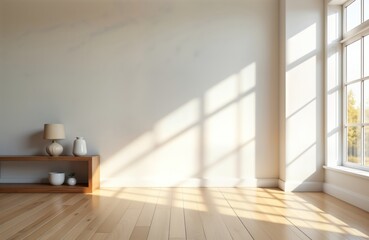 Aufkleber - Empty room with sunlight casting shadows on light walls, wooden floor. Large window lets in natural light. Modern minimalist interior design concept. Suitable for product presentations interior