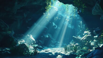 Poster - Underwater cave illuminated by sunlight streaming through the entrance