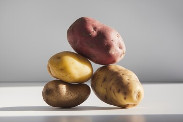 Poster - A stack of four potatoes in different colors and sizes, illuminated by sunlight.