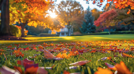 Poster - A natural autumn landscape showing a well-maintained residential lawn surrounded by trees with vibrant fall leaves in shades of red, orange, and yellow gently falling to the ground.