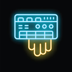 Poster - Blue and yellow neon icon of an air conditioner blowing cold air on a black background