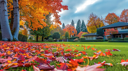 Poster - A natural autumn landscape showing a well-maintained residential lawn surrounded by trees with vibrant fall leaves in shades of red, orange, and yellow gently falling to the ground.