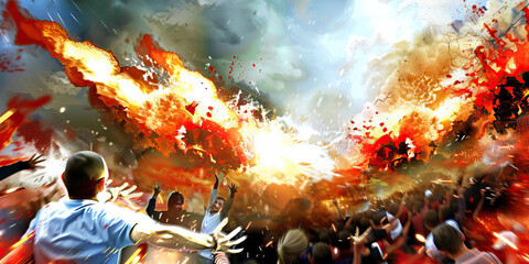 Poster - Digital Painting: Crowd Surrounded by Fire Explosion