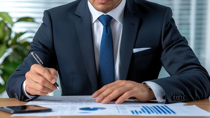 Poster - Businessman Reviewing Financial Documents and Data Charts at Office Desk