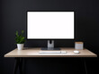 © webdesign - Modern computer setup on wooden desk against black background.