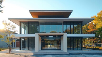 Poster - A two-story office building with a symmetrical gable roof, with the roof flush with the facade.