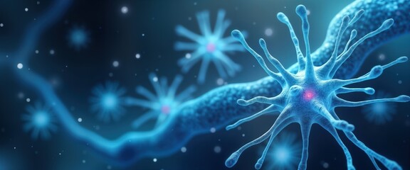 Poster - 3D illustration of neurons. Complex network of glowing blue nerve cells. Intricate structures display intricate details of nerve synapses, cellular structures. Illustrates electricity, energy flow.