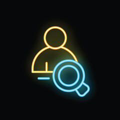 Poster - Bright neon icon of a magnifying glass searching for a person's profile on a dark background