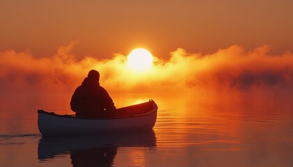 Wall Mural - Golden Sunrise Serenity. Silhouette of a Lone Man in a Canoe on a Misty, Reflective River.