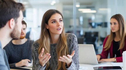 Poster - Group of coworkers having a casual discussion in a modern office setting