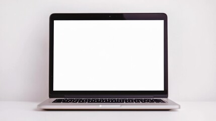 Open laptop showing blank white screen on white table for mockup