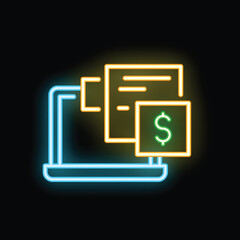 Poster - Neon sign illustrating online payment processing system with laptop and dollar symbol