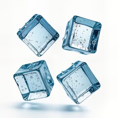Poster - Four ice cubes float in air. Clear blue. Water droplets visible. Background white. Look cool, fresh. Could used in drink for cold refreshment. Look like crystal clear ice cubes. Studio shot of