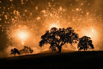 Poster - A powerful display of an explosive wildfire resembling fireworks, highlighting the unpredictable power and beauty of nature against a night sky backdrop.