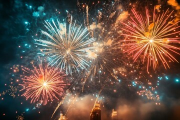 Aufkleber - A captivating array of multicolored fireworks light up the night sky in brilliant hues, embodying the spirit of celebration and festive exuberance.
