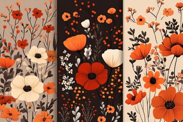 Poster - A bold and vibrant display of floral wallpaper patterns in shades of orange and white, offering a striking visual accent against a contrasting black background.