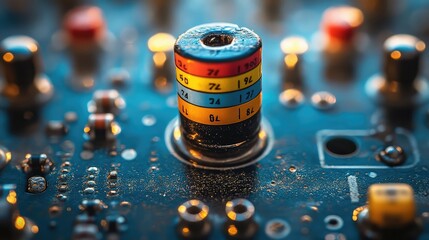 Poster - A close-up view of a high-quality resistor showing colored bands for value identification, 8k, realistic, full ultra HD, high resolution, cinematic photography