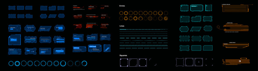 Wall Mural - Vector frames set. Elements with text, signs and symbols for personal graphical interface HUD. Collections HUD elements. Futuristic GUIUI framework set. Windows and blocks with information