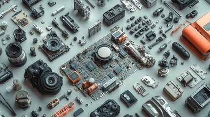 Poster - A collection of disassembled drones showing tiny motors, circuit boards, and connectors, 8k, realistic, full ultra HD, high resolution, cinematic photography