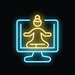 Poster - Neon glowing icon of a woman meditating in lotus position on a computer screen, representing online yoga or meditation classes
