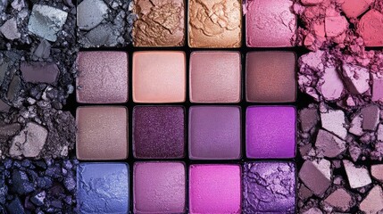 Poster - A collection of eyeshadow palettes with metallic shades, laid out symmetrically, 8k, realistic, full ultra HD, high resolution, cinematic photography