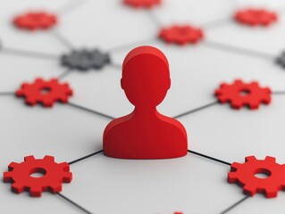 Aufkleber - Red manager connecting gears in a network, problem-solving and leadership concept