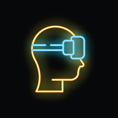Poster - Neon glowing icon of a human head wearing a virtual reality headset, representing the concept of immersive technology