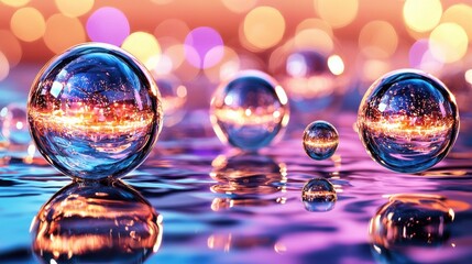 Poster - Magical Mirrored Spheres Reflecting Vibrant Ethereal Patterns in Surreal Watery Landscape