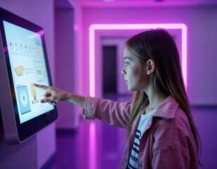 Aufkleber - Teenage girl interacts with modern touch screen kiosk in purple room. Navigates digital menu on interactive display. Room white walls. Tech device kiosk. Girl uses finger to select options on screen.