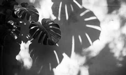 Poster - Dark foliage casting dramatic leaves shadows monstera. The plants against white textured wall, forming geometric natural silhouette pattern