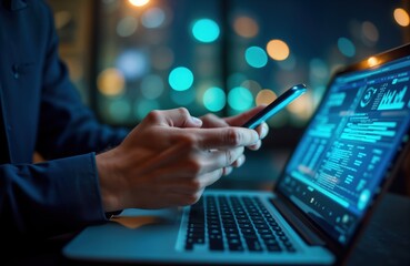 Poster - Man uses mobile phone, laptop for online work, data search at night. Digital tech, global business concepts. Night scene. Person works remotely. Modern office. E-commerce, digital marketing. Mobile