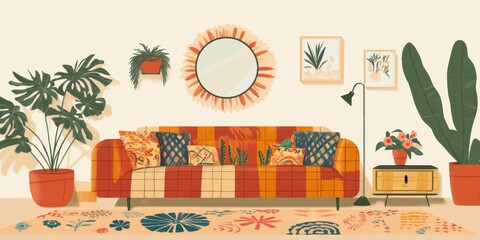 Wall Mural - Cozy lounge room interior featuring bohemian style elements, including a comfortable couch, cushions, decorative plaid, and house plants in flower pots, all set near a mirror on a stylish commode.