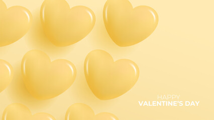 Poster - Happy Valentine's Day Festive Banner. Romantic background with 3d yellow glossy hearts. Valentines Day holiday greetings. Vector Illustration.