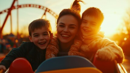 A joyful family moment at a carnival, featuring a smiling mother and her children enjoying a rollercoaster ride in the golden sunset.






