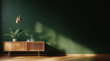 Poster - modern living room with green wall and wooden furniture showcasing minimalist design and natural dec