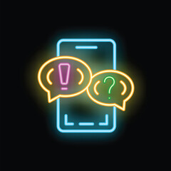 Poster - Neon sign representing a smartphone showing two chat bubbles, one with an exclamation mark and one with a question mark