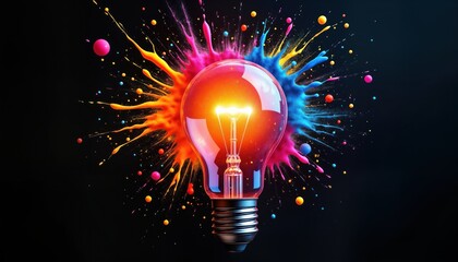 Poster - Vibrant light bulb explodes with colorful paint splashes. Creative concept shows innovation, unique ideas. Bright colors burst against dark background. Abstract art imagination, inspiration. Modern