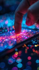 Wall Mural - A colorful image of a hand using a smartphone on a vibrant background with a bokeh effect evokes a feeling of depth, interaction, and innovation.