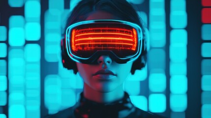 Poster - Woman wearing futuristic vr goggles with glowing red lights in digital environment