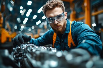 Poster - An industrial worker in a bustling factory environment, diligently focusing on a machine while wearing protective gear, showcases skill and precision in mechanical work.