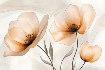 Aufkleber - Three delicate orange poppies with a gentle abstract background, showcasing soft lines and a harmonious blend of colors, emphasizing elegance and serenity.