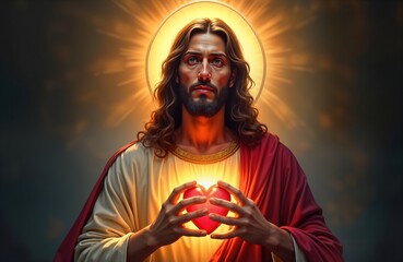 Wall Mural - Jesus Christ holds glowing heart. Divine light surrounds. Religious art shows sacred love, faith. Spiritual symbol for Christianity. Image shows Jesus Christ with divine aura. Religious art of Jesus