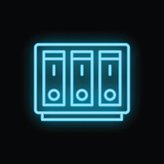 Poster - Blue neon icon of a computer server is glowing on a dark background, representing data storage