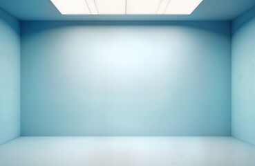 Poster - Empty light blue room with white floor and top light. Modern studio space. Ideal for product displays or presentations. Suitable for fashion events and concerts. Blank background for mockup.