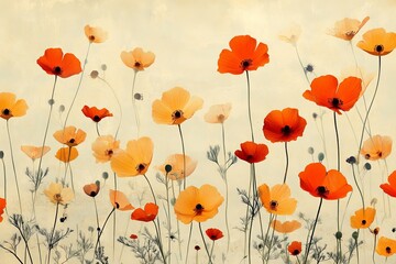 Fototapete - A stunning array of orange and yellow poppies with delicate stems rises against a serene cream background, capturing the essence of natural beauty and tranquility.